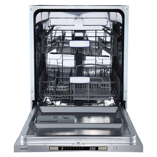 Interior del lavavajillas INFINITON DIW-BB606 mostrando la distribución de bandejas regulables, cesto para cubiertos Free Movement y sistema de rociado multidireccional para 12 servicios completos
