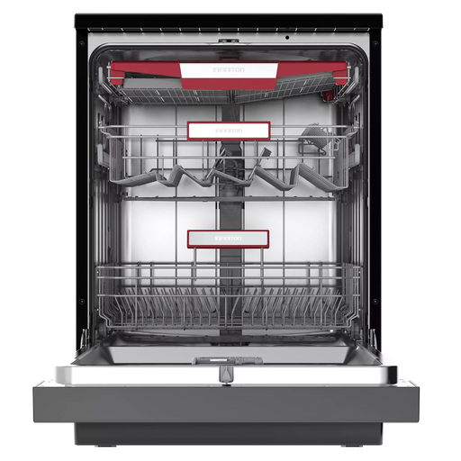 Interior del lavavajillas Infiniton DIW-6218DD3 mostrando las tres bandejas en acero inoxidable, bandeja superior regulable y cesto Free Movement para cubiertos
