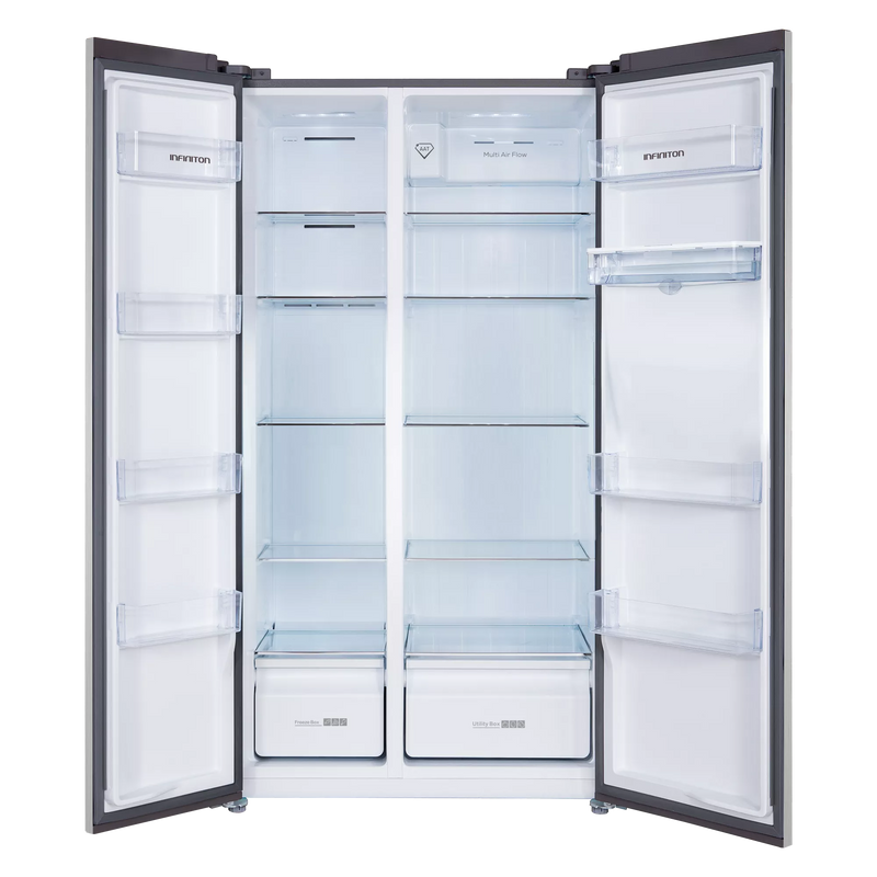 Interior espacioso del frigorífico americano Infiniton SBS-503A77XED mostrando 4 bandejas de cristal de seguridad, cajón Crisper Box, balcones en puertas e iluminación LED con perfiles cromados

