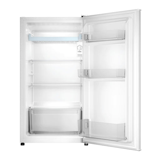 Interior frigorífico HOOVER HD1D90EWC mostrando 4 compartimentos, estantes de vidrio templado y cajón para verduras
