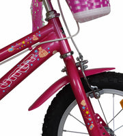 Detalle de la orquilla delantera de la bicicleta UMIT Lydia 16 pulgadas J1661, con diseño encantador, guardabarros decorativos y accesorios para llevar juguetes y muñecas

