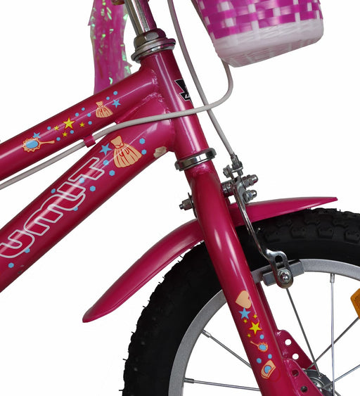 Detalle de la orquilla delantera de la bicicleta UMIT Lydia 16 pulgadas J1661, con diseño encantador, guardabarros decorativos y accesorios para llevar juguetes y muñecas

