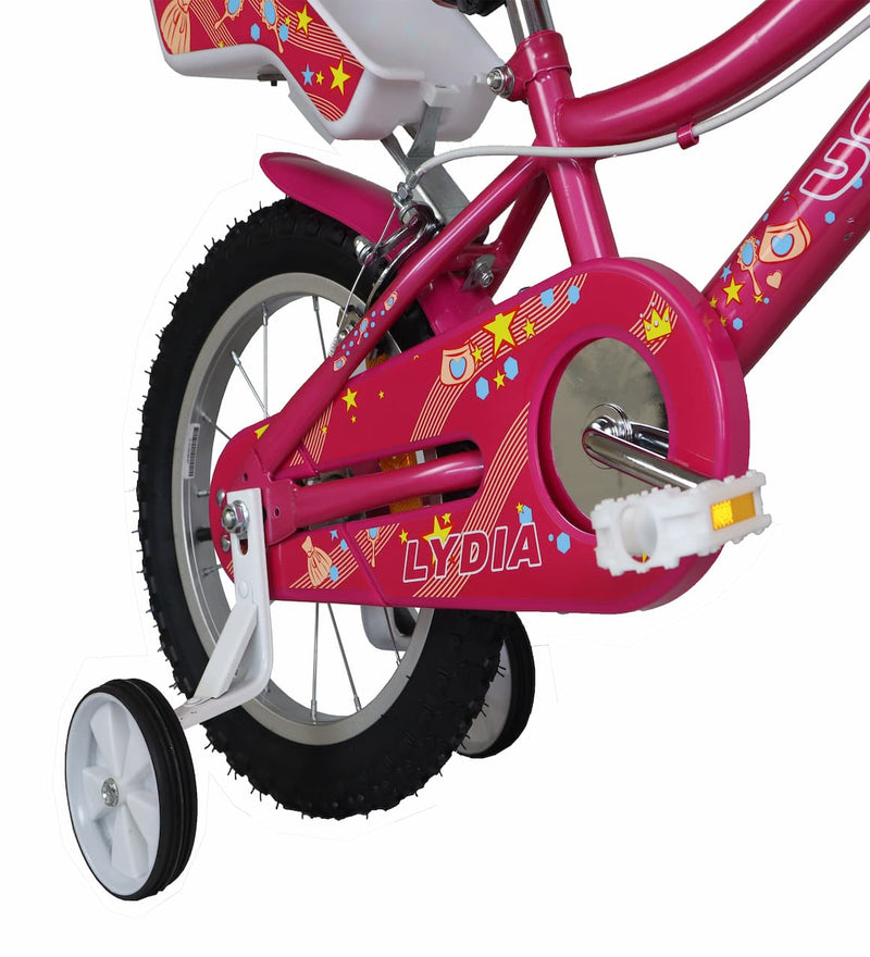 Vista lateral trasera de la bicicleta UMIT Lydia 16" con ruedines estabilizadores desmontables, sillín ajustable en altura, frenos V-Brake seguros y estructura de acero resistente para máxima durabilidad
