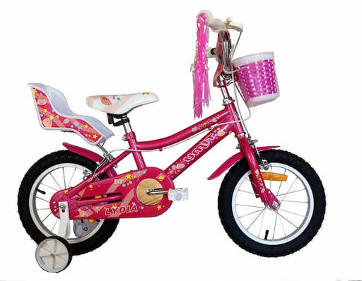 Bicicleta infantil UMIT Lydia de 16 pulgadas para niñas con cesta delantera, portamuñecas trasero y ruedines de apoyo, ideal para niñas de 4 a 6 años que aprenden a montar.
