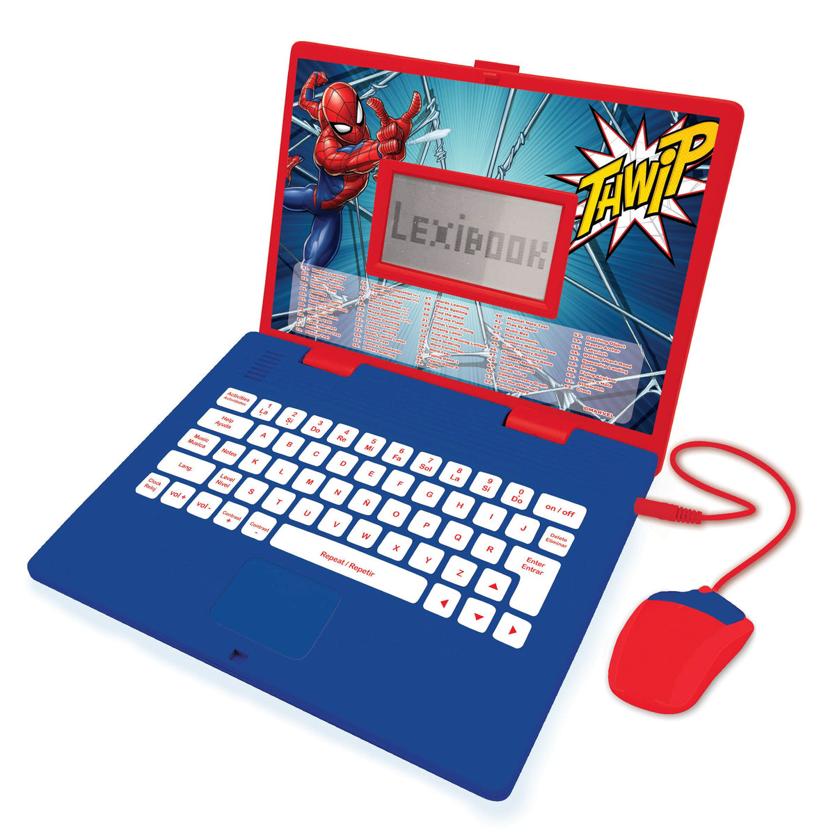 Ordenador educativo Lexibook Spider-Man abierto con teclado y ratón