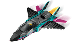 Jet LEGO supersónico turquesa rosa con alas flecha y posquemadores llamas
