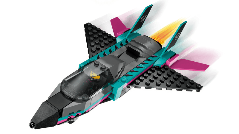 Jet LEGO supersónico turquesa rosa con alas flecha y posquemadores llamas
