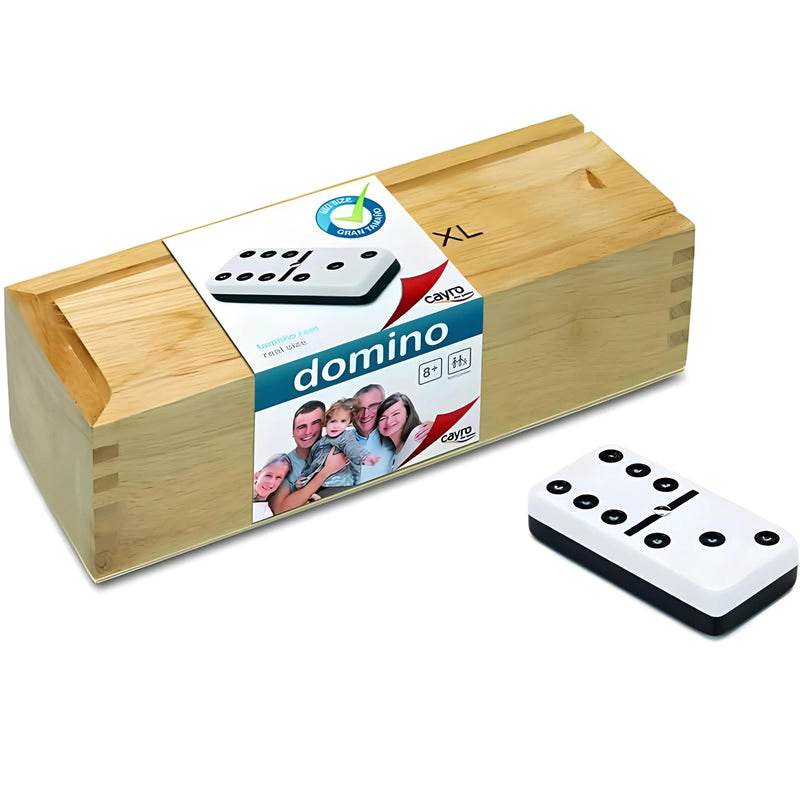 Juego Dominó XXL Cayro con fichas grandes y caja de madera, ideal para niños y adultos con dificultades visuales o motoras.