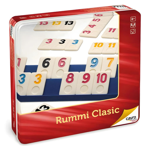 Juego Rummi Classic 4 Jugadores Cayro en caja de metal, con fichas de resina y soportes de plástico, ideal para diversión y aprendizaje en familia.