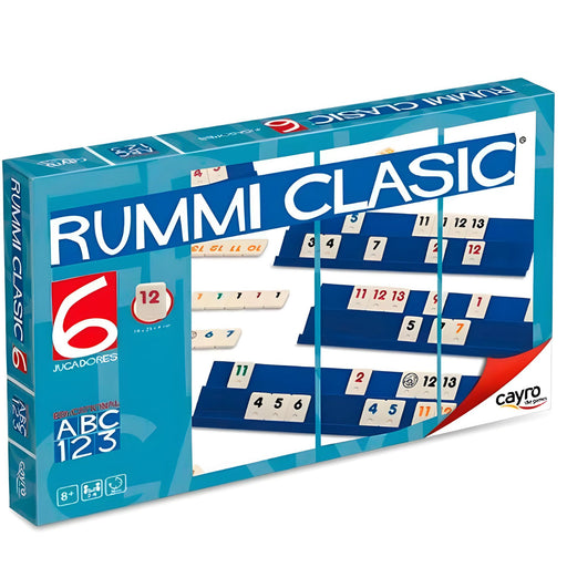 Juego Rummi Classic Cayro para 6 jugadores con fichas numeradas y soportes, ideal para diversión en familia y aprendizaje educativo.