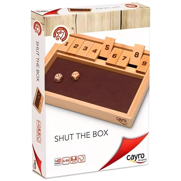 Cayro Shut the Box juego clásico de dados en madera — caja con fichas numeradas y dados