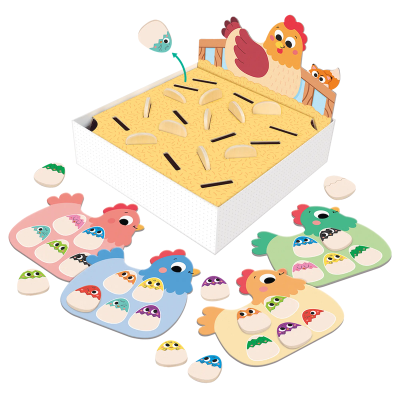 Juego completo Hidden Chicks: gallinero, 21 pollitos de madera, zorro y 4 tableros de juego
