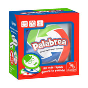 Juego de cartas Palabrea de Lúdilo con caja y cartas doble cara mostrando categorías y letras de colores para 2-6 jugadores desde 6 años
