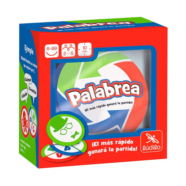 Juego de cartas Palabrea de Lúdilo con caja y cartas doble cara mostrando categorías y letras de colores para 2-6 jugadores desde 6 años

