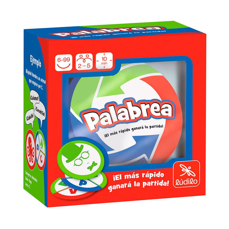 Juego de cartas Palabrea de Lúdilo con caja y cartas doble cara mostrando categorías y letras de colores para 2-6 jugadores desde 6 años
