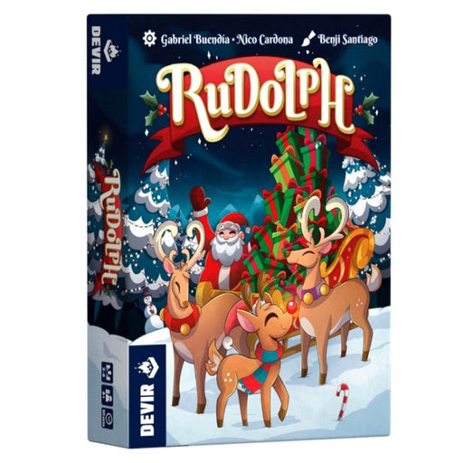 Juego de cartas Rudolph de Devir - Caja del juego navideño para 2-6 jugadores con ilustraciones festivas de renos y trineo de Papá Noel
