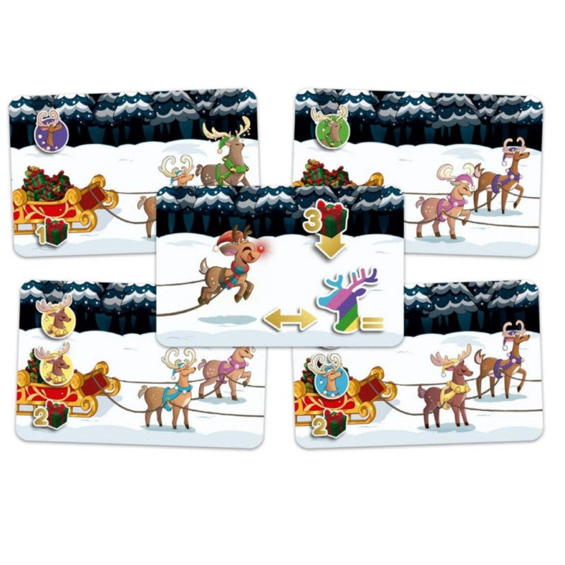 Juego de mesa Rudolph desplegado mostrando cartas de renos, carta especial de Rudolph y componentes del juego navideño de selección simultánea de Devir

