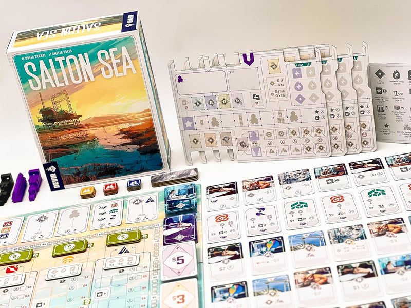 Juego de mesa Salton Sea - componentes y cartas del eurogame de extracción de energía geotérmica con mecánicas de contratos y gestión de mano, editorial Devir

