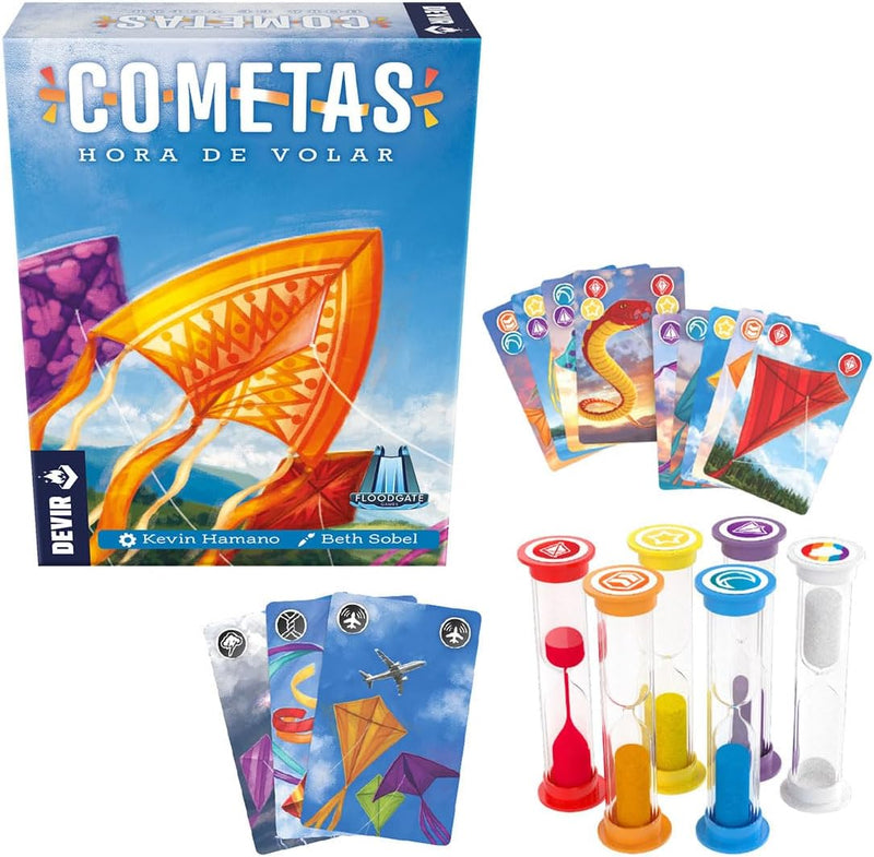 Juego de mesa cooperativo Cometas - componentes con relojes de arena y cartas, mecánica frenética de contrarreloj para toda la familia, editorial Devir
