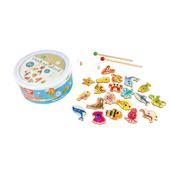 Juego de pesca Toy Planet de madera con sistema magnético seguro. Desarrolla coordinación ojo-mano, motricidad fina y paciencia en niños de 3-8 años. Construcción natural resistente, peces multicolores y caña infantil. Diversión educativa que estimula concentración y precisión.
