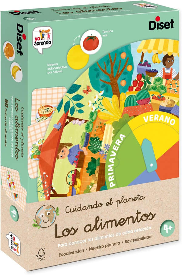 Juego educativo Diset Yo Aprendo Alimentos de Proximidad con fichas ilustradas de frutas y verduras de temporada enseñando consumo local y kilómetro cero
