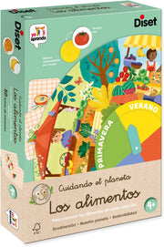 Juego educativo Diset Yo Aprendo Alimentos de Proximidad con fichas ilustradas de frutas y verduras de temporada enseñando consumo local y kilómetro cero
