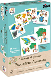 Juego educativo Diset Yo Aprendo Cuidando el Planeta Pequeñas Acciones con fichas ilustradas mostrando acciones cotidianas como reciclar, apagar luces y cerrar grifos para cuidar el medio ambiente