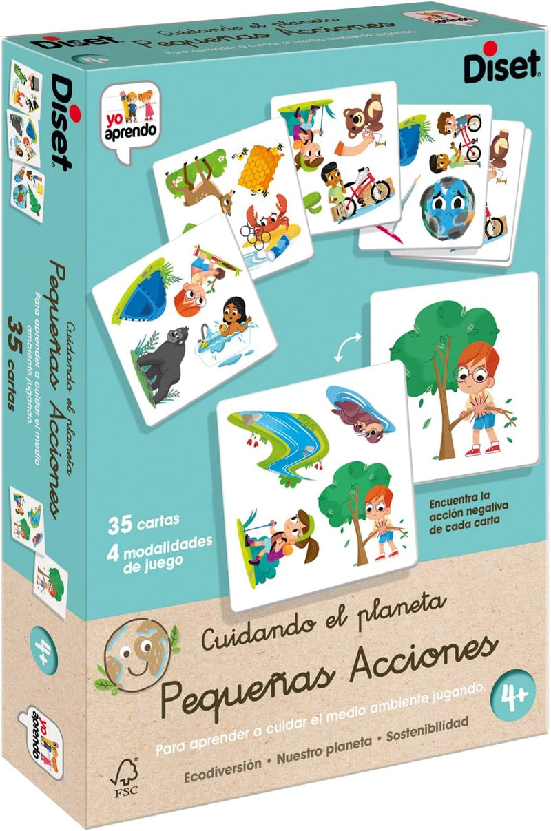 Juego educativo Diset Yo Aprendo Cuidando el Planeta Pequeñas Acciones con fichas ilustradas mostrando acciones cotidianas como reciclar, apagar luces y cerrar grifos para cuidar el medio ambiente