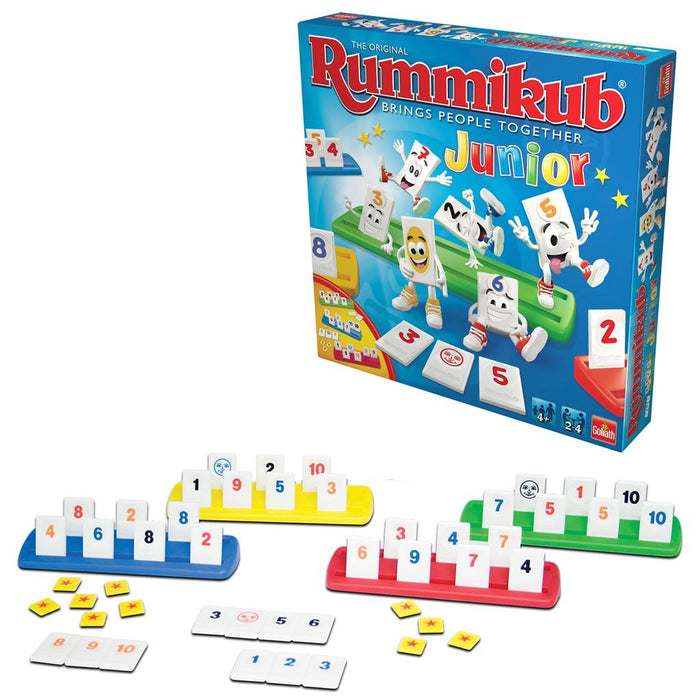 Juego de mesa Rummikub Junior de Goliath, versión adaptada para niños, fomentando habilidades matemáticas.