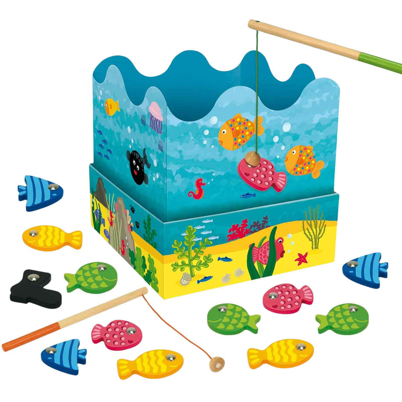 Juego de pesca Goula con cañas y peces de madera.