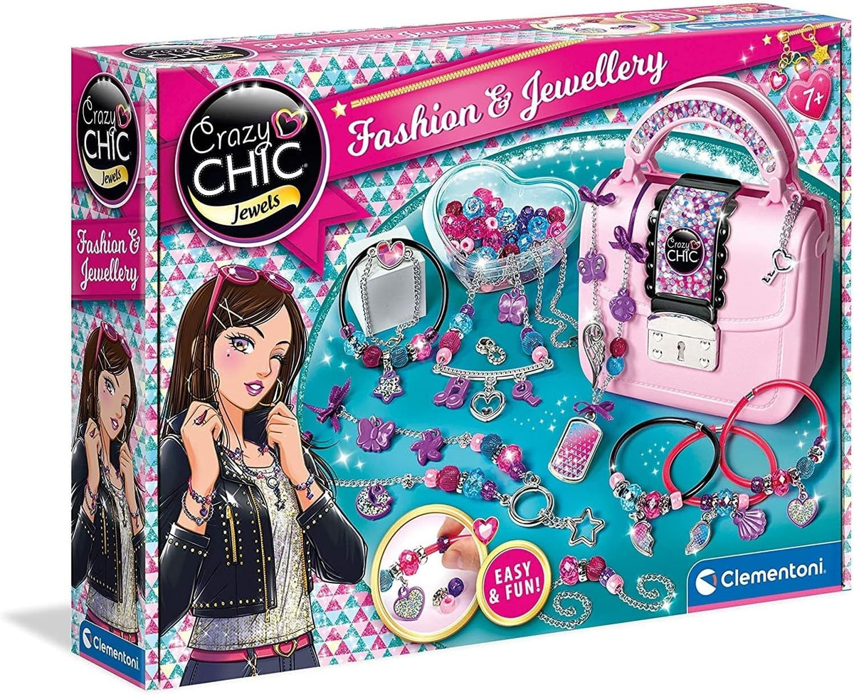 Kit creativo Clementoni Fashion & Jewellery con cuentas de colores, hilos y herramientas para diseñar pulseras, collares y bisutería infantil
