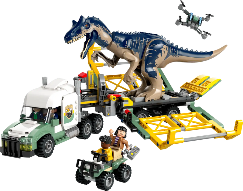 LEGO 76966 Allosaurus y camión de transporte - Vista detallada con quad y dron
