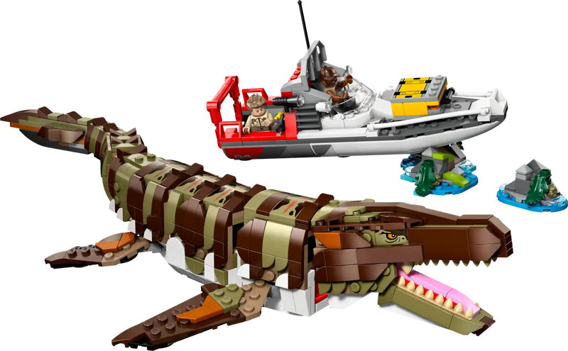 LEGO 76974 Mosasaurus articulado - Dinosaurio marino construible con barco de investigación
