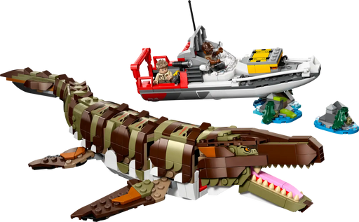 LEGO 76974 Mosasaurus articulado - Dinosaurio marino construible con barco de investigación
