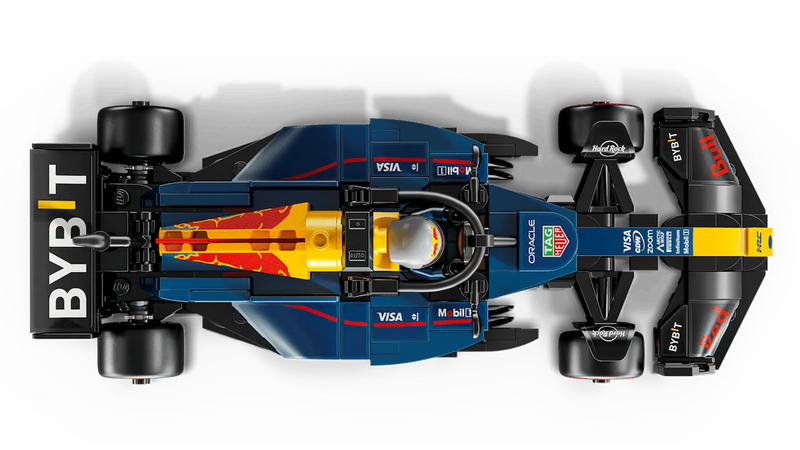 LEGO 77243 Red Bull RB20 vista cenital mostrando cockpit, alerones y patrocinadores Oracle Mobil1
