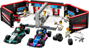 LEGO City 60444 Garaje de F1 construido y abierto de 46 cm de anchura mostrando los 2 coches de carreras Mercedes-AMG y Alpine en plataformas de lanzamiento, taller con estación de soldadura, herramientas, neumáticos lisos y trofeo. Garaje portátil de Formula 1 con 678 piezas y garantía de 3 años.
