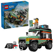 LEGO City 60447 Todoterreno 4x4 de Montaña completamente montado mostrando el vehículo con cabrestante funcional, cofres de techo, neumáticos todoterreno robustos y minifigura de aventurero con todos los accesorios de exploración
