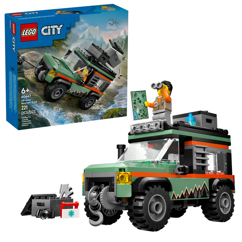 LEGO City 60447 Todoterreno 4x4 de Montaña completamente montado mostrando el vehículo con cabrestante funcional, cofres de techo, neumáticos todoterreno robustos y minifigura de aventurero con todos los accesorios de exploración

