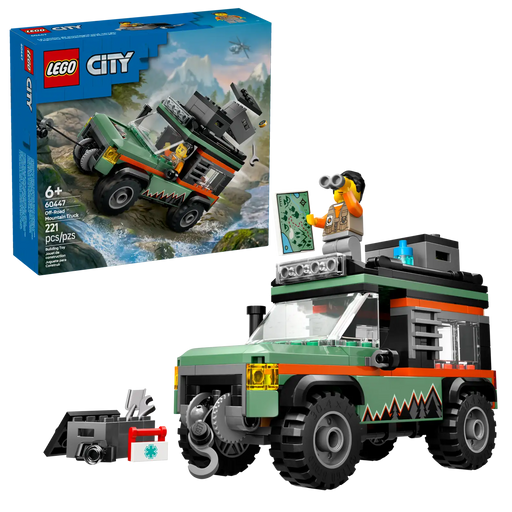 LEGO City 60447 Todoterreno 4x4 de Montaña completamente montado mostrando el vehículo con cabrestante funcional, cofres de techo, neumáticos todoterreno robustos y minifigura de aventurero con todos los accesorios de exploración
