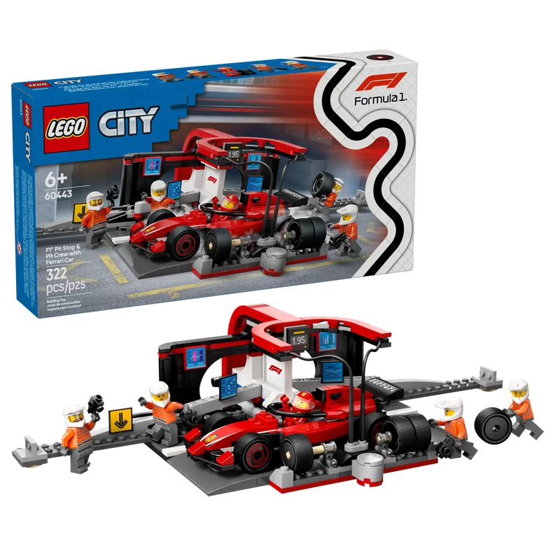 LEGO City F1 60443 - Caja original del set de 322 piezas con parada en boxes Ferrari, coche de carreras y equipo de mecánicos para niños +6 años
