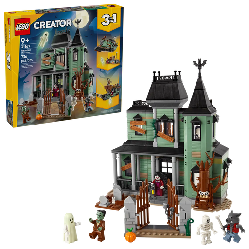 LEGO Creator 3en1 Mansión Encantada 31167 - Set completo de 736 piezas con casa encantada de 2 plantas, cementerio, árbol terrorífico y 5 minifiguras
