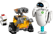 LEGO Disney Pixar WALL-E y EVE 43279 con caja del producto y personajes construidos mostrando WALL-E, EVE, M-O y Hal en composición completa del set de construcción
