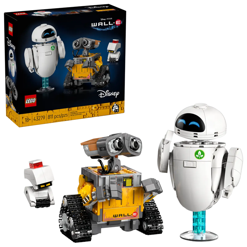 LEGO Disney Pixar WALL-E y EVE set 43279 mostrando los 4 personajes construidos: WALL-E con orugas, EVE blanca flotante, M-O pequeño y Hal, con planta en bota incluida
