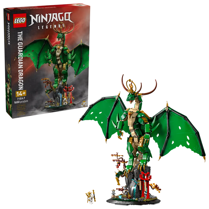 LEGO Dragón Guardián NINJAGO 71847 - Comparativa caja y producto terminado mostrando el impresionante dragón dorado de 70cm