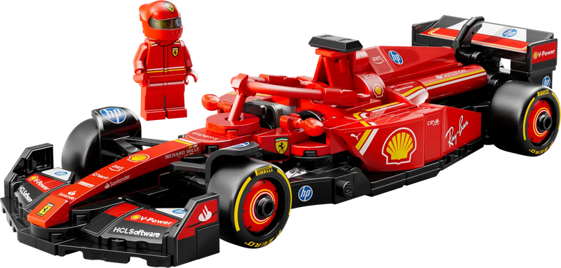 LEGO Ferrari SF-24 77242 vista lateral mostrando alerón trasero, alerones laterales y detalles F1 2024

