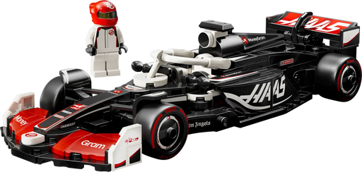 LEGO Haas VF-24 montado con piloto y casco rojo
