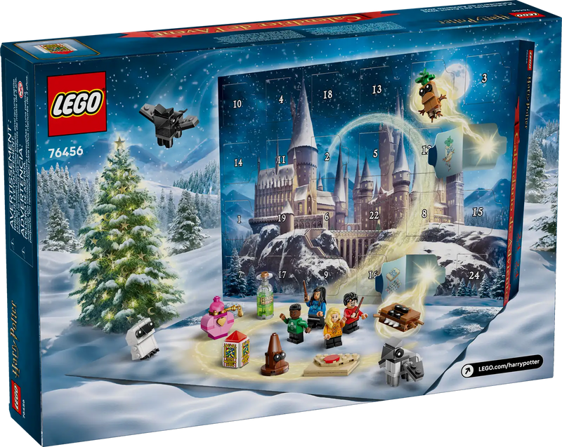 LEGO Harry Potter 76456 con caja y contenido desplegado mostrando 8 minifiguras, criaturas mágicas, Sombrero Seleccionador, pociones y objetos emblemáticos de 278 piezas

