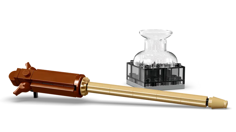 LEGO Harry Potter 76461 accesorios: varita Lockhart dorada, tintero translúcido derramándose y soporte
