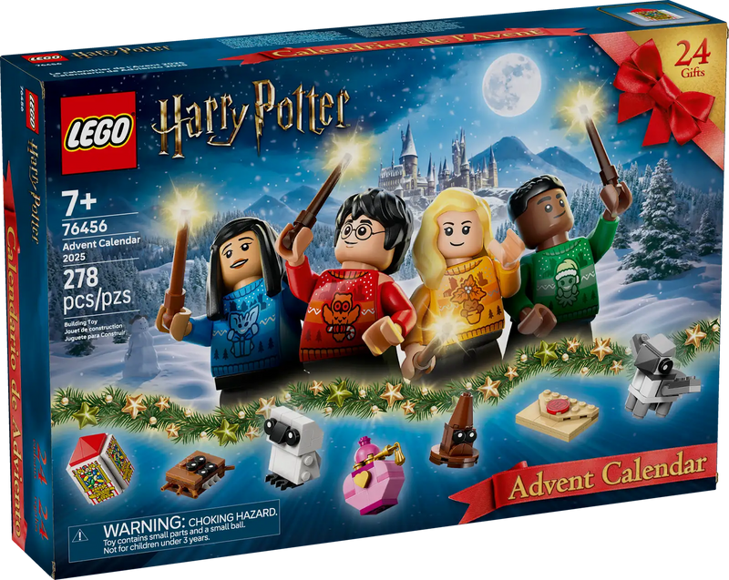 LEGO Harry Potter Calendario de Adviento 2025 76456 caja mostrando Harry, Cho Chang, Draco, Luna con jerséis navideños y 24 sorpresas mágicas de Hogwarts

