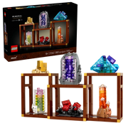 LEGO Ideas Colección de Minerales 21362 con 6 minerales construidos (pirita dorada, amatista púrpura, fluorita azul, turmalina sandía, rodocrosita rosa y cuarzo mandarina) expuestos en módulos construibles sobre fondo blanco
